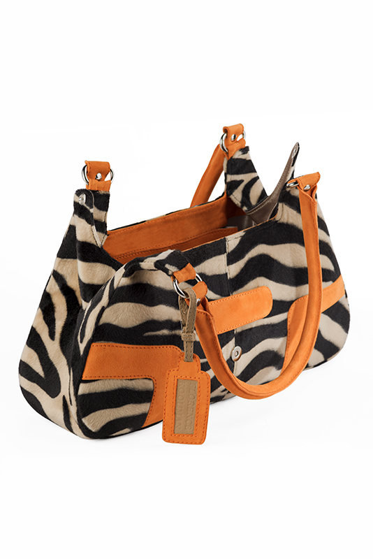 Safari black and apricot orange women's dress handbag, matching pumps and belts. Top view - Florence KOOIJMAN